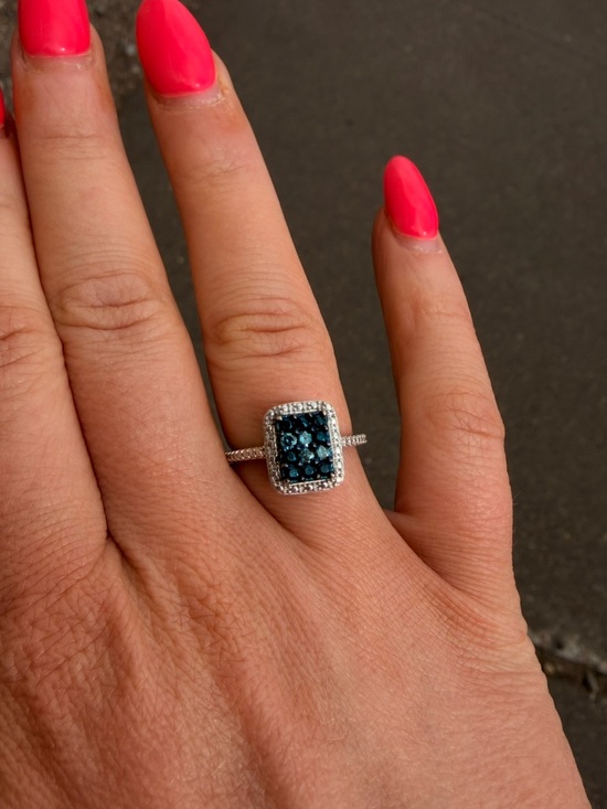925 Sterling Silver Jewelry - Sterling Silver Blue & White Diamond Halo Ring-0.15 CTW Genuine Diamonds
